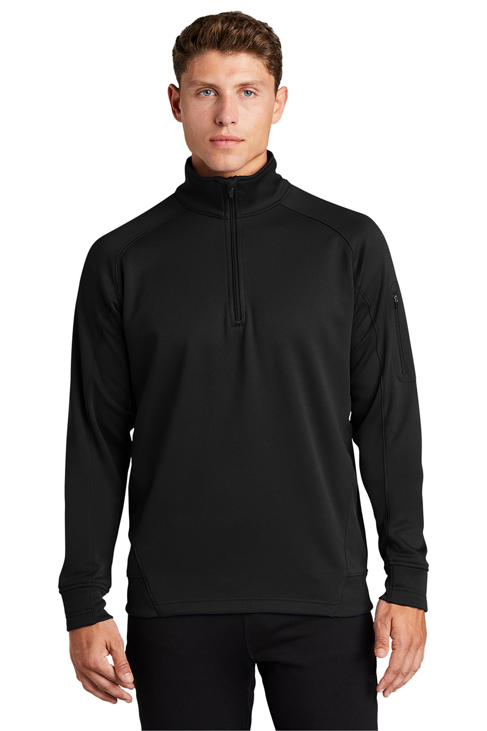 Sport-Tek F247 Mens Tech Moisture Wicking Fleece 1/4 Zip Sweatshirt Black Model Front