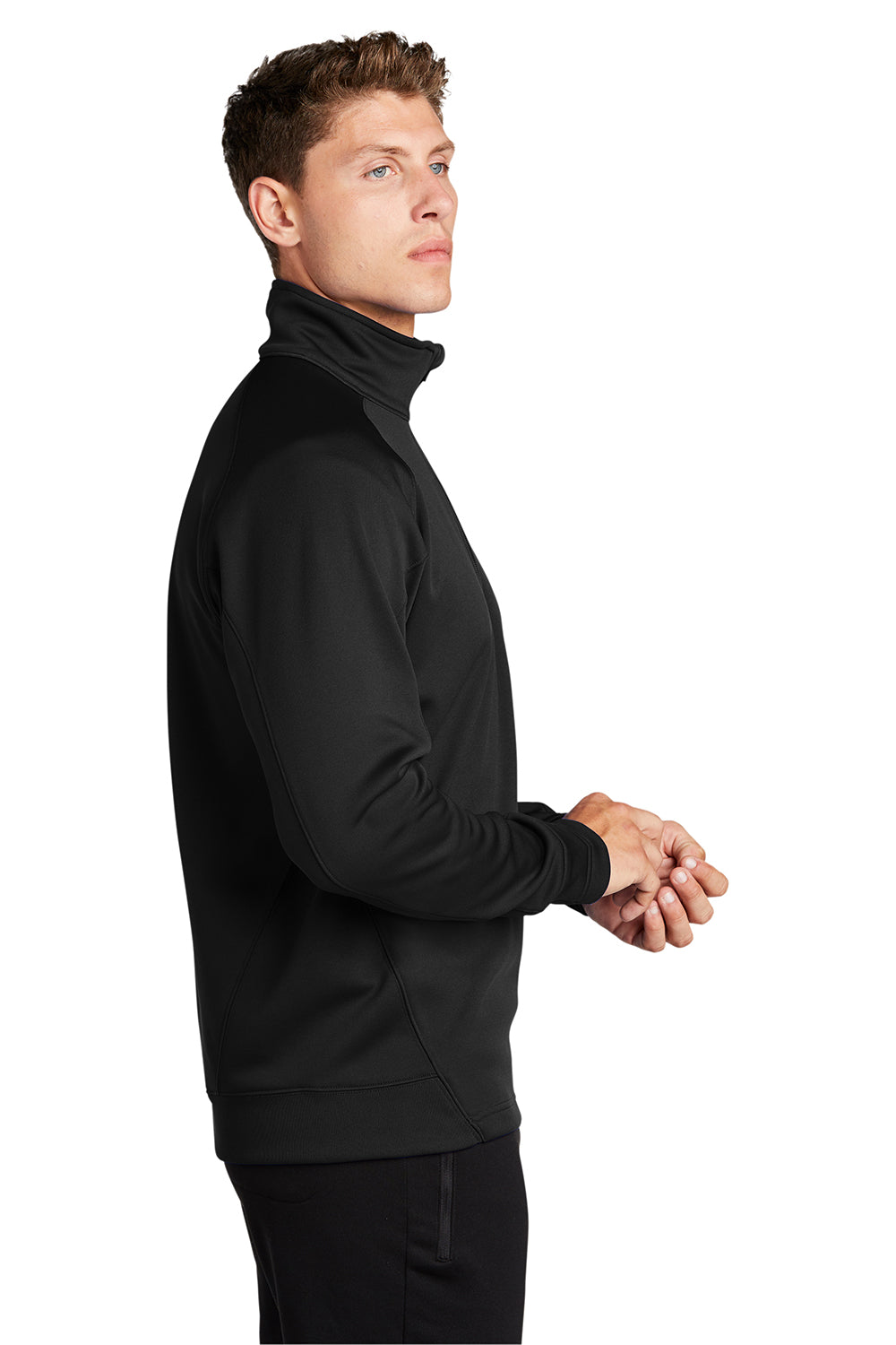 Sport-Tek F247 Mens Tech Moisture Wicking Fleece 1/4 Zip Sweatshirt Black Model Side