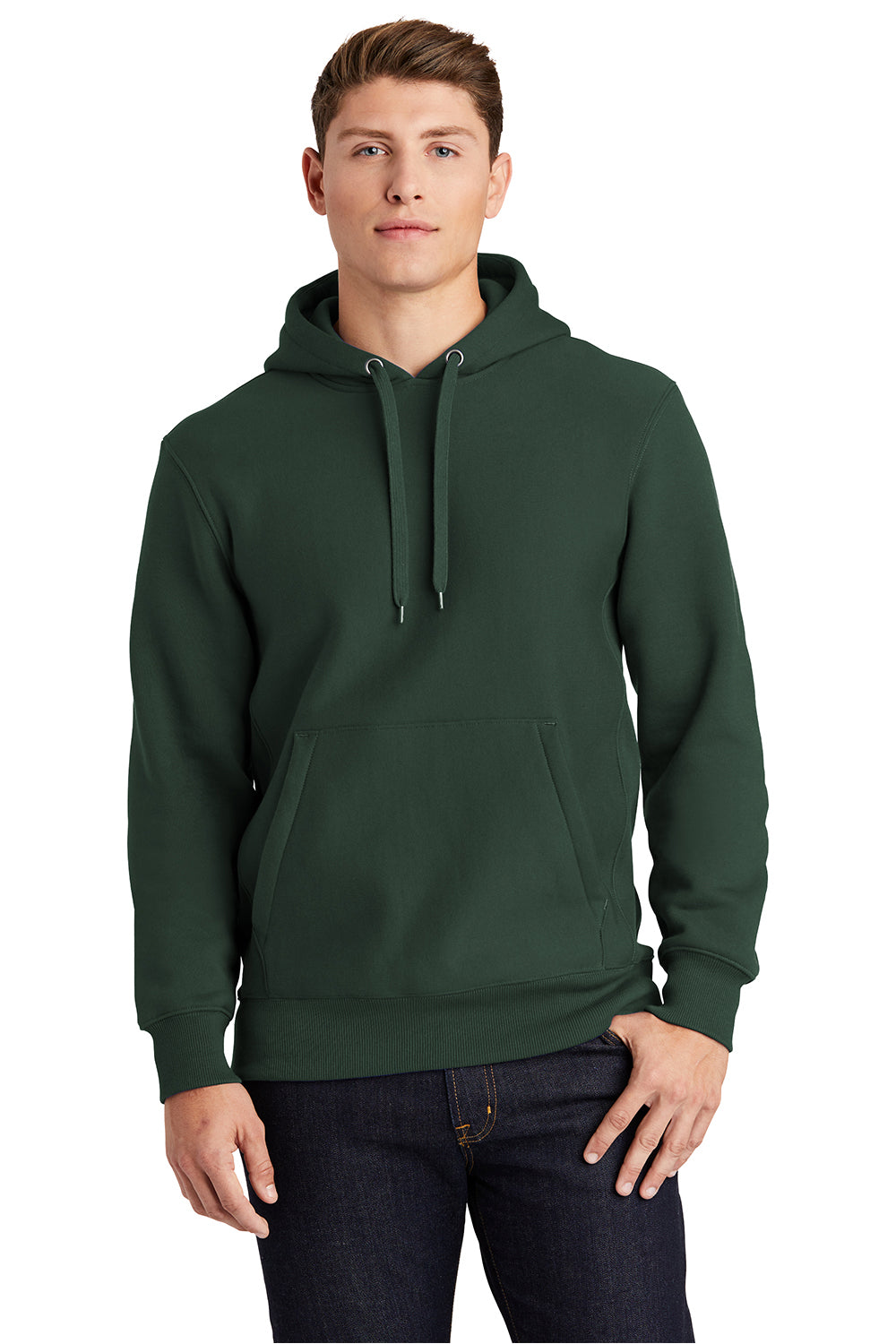 Sport-Tek F281 Mens Fleece Hooded Sweatshirt Hoodie Dark Green Model Front