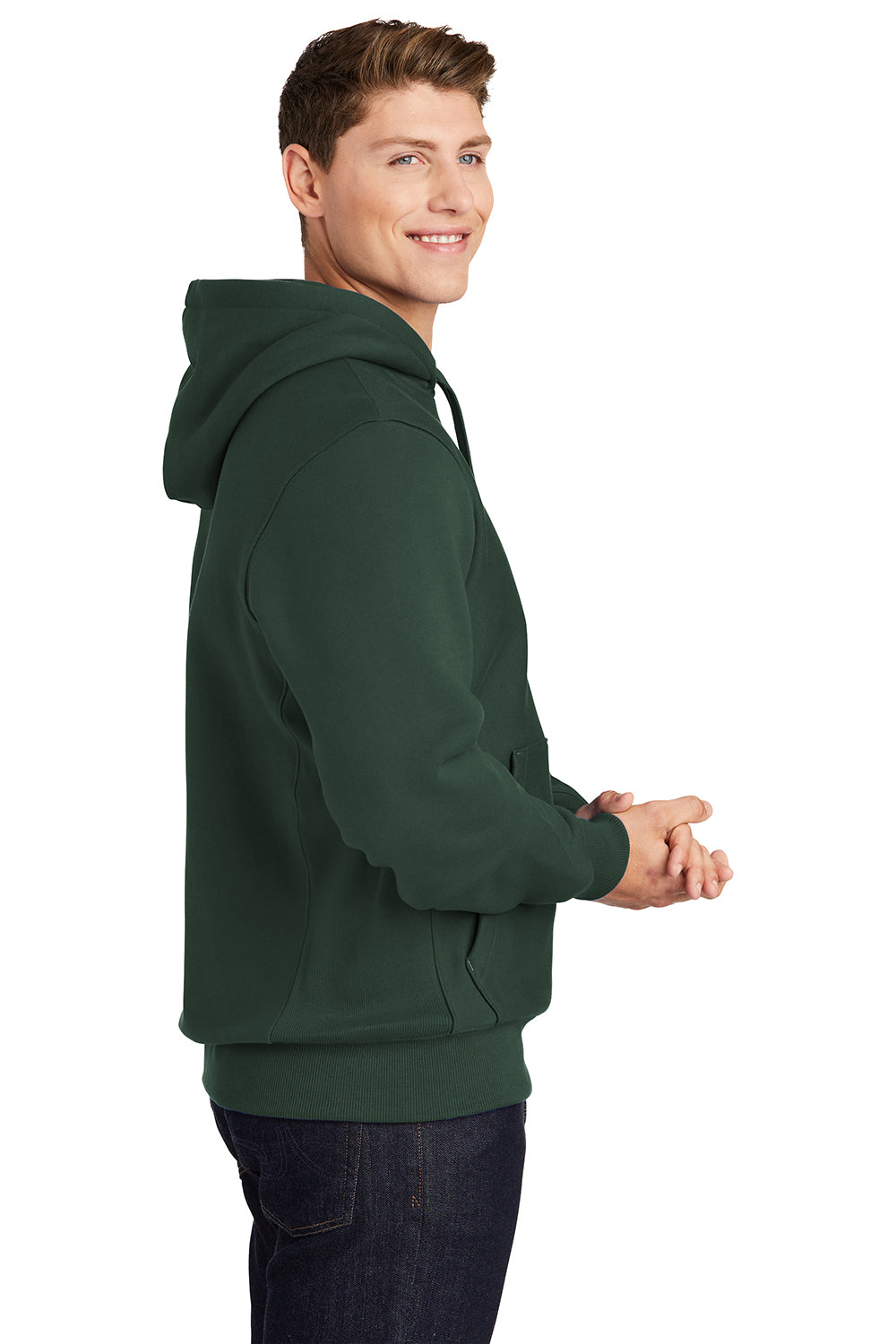 Sport-Tek F281 Mens Fleece Hooded Sweatshirt Hoodie Dark Green Model Side