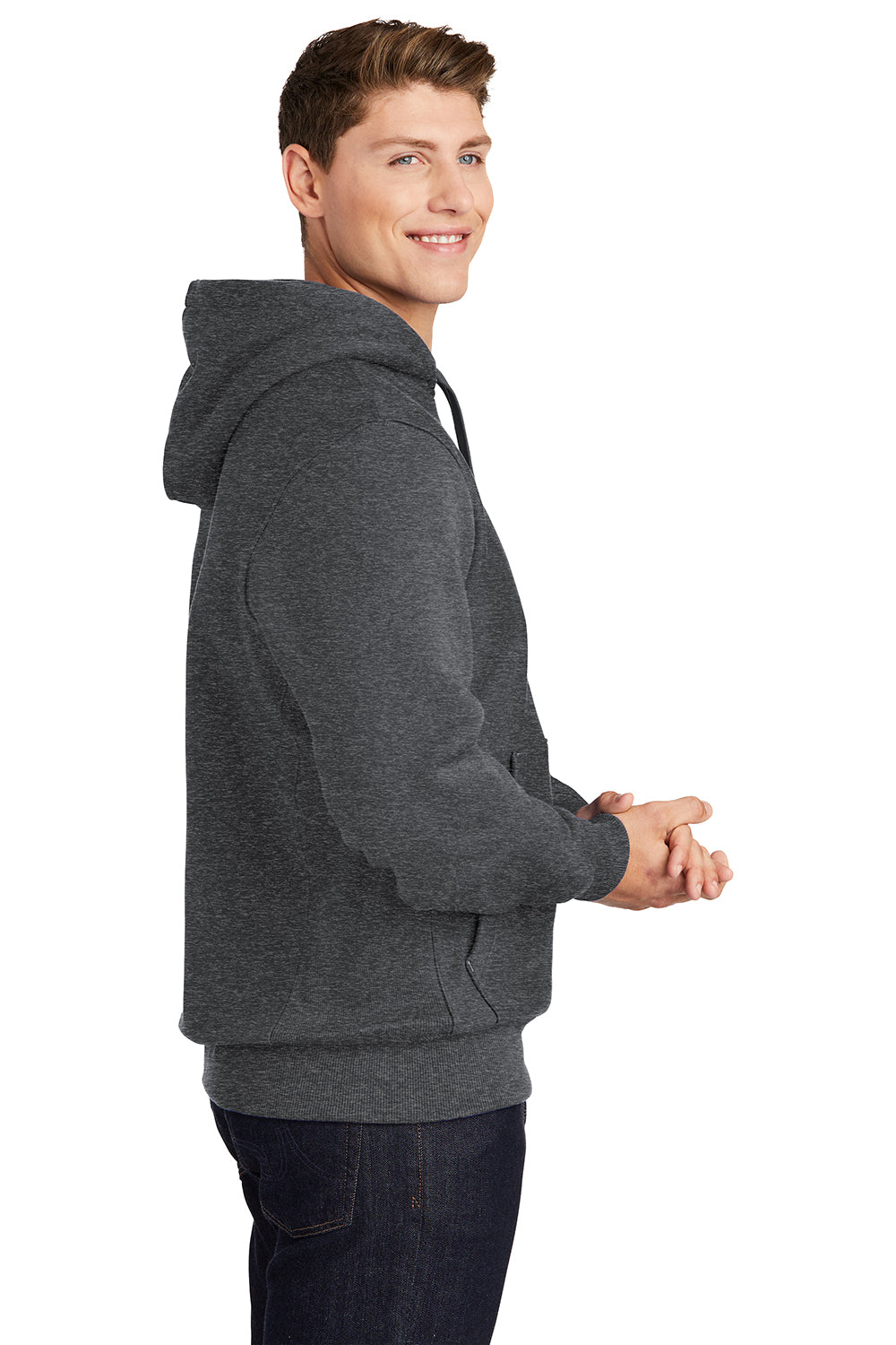 Sport-Tek F281 Mens Fleece Hooded Sweatshirt Hoodie Heather Graphite Grey Model Side