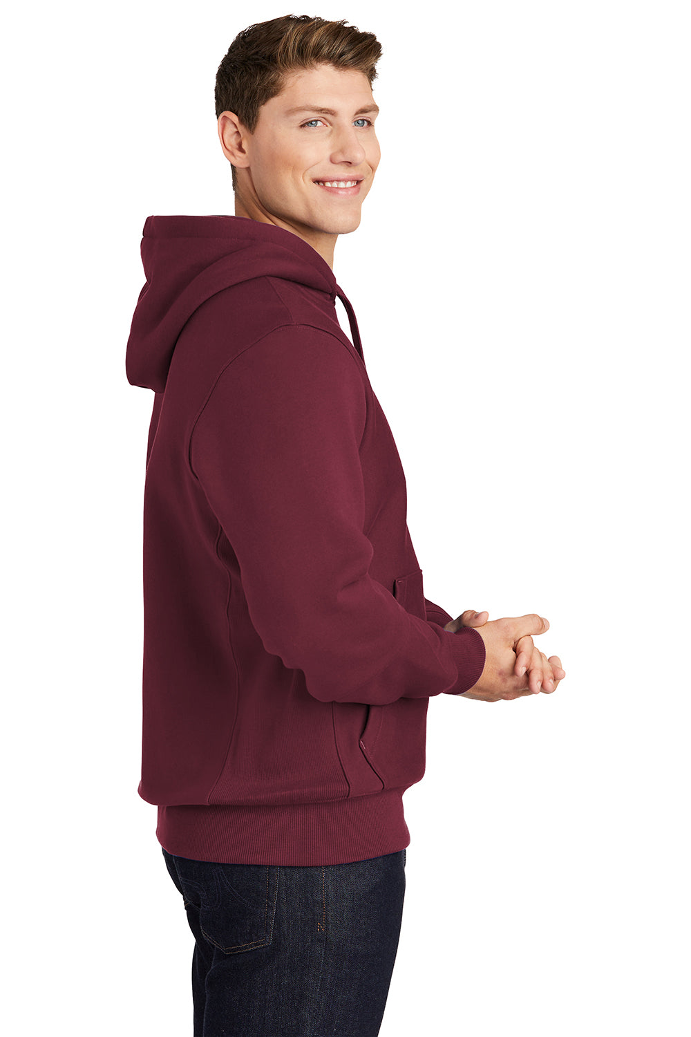 Sport-Tek F281 Mens Fleece Hooded Sweatshirt Hoodie Maroon Model Side