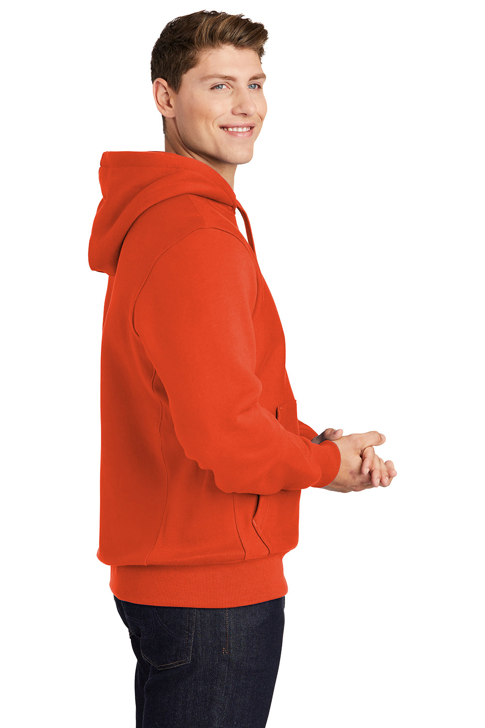 Sport-Tek F281 Mens Fleece Hooded Sweatshirt Hoodie Orange Model Side