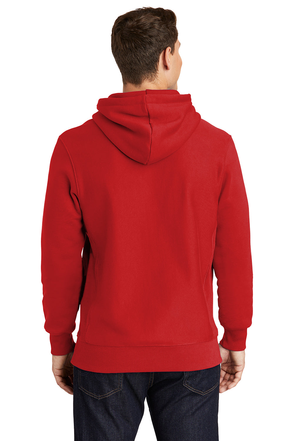 Sport-Tek F281 Mens Fleece Hooded Sweatshirt Hoodie Red Model Back