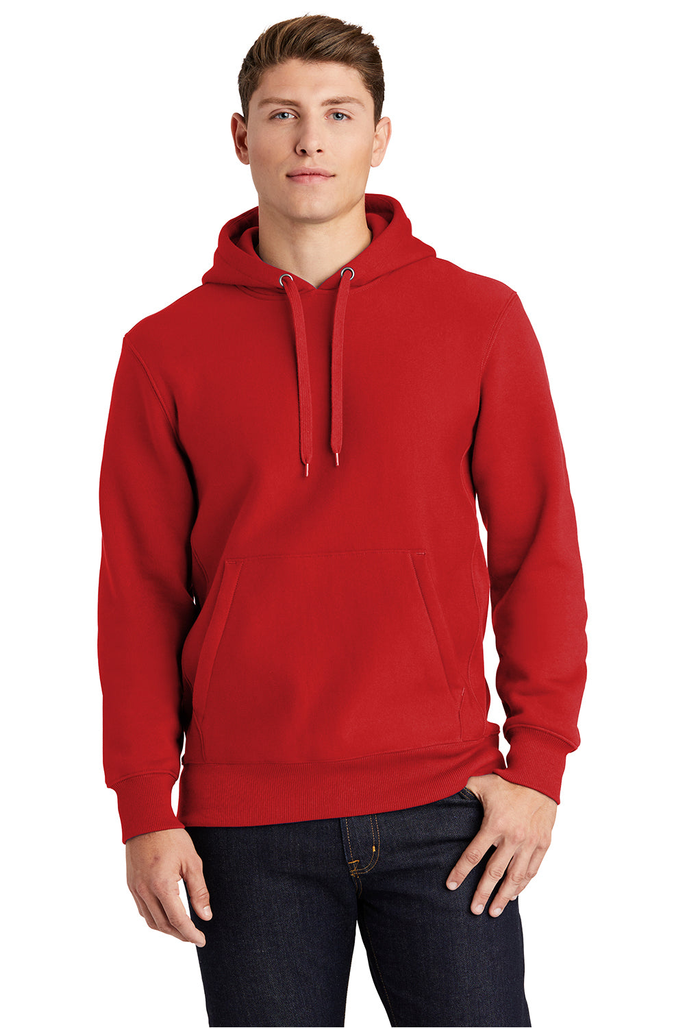 Sport-Tek F281 Mens Fleece Hooded Sweatshirt Hoodie Red Model Front