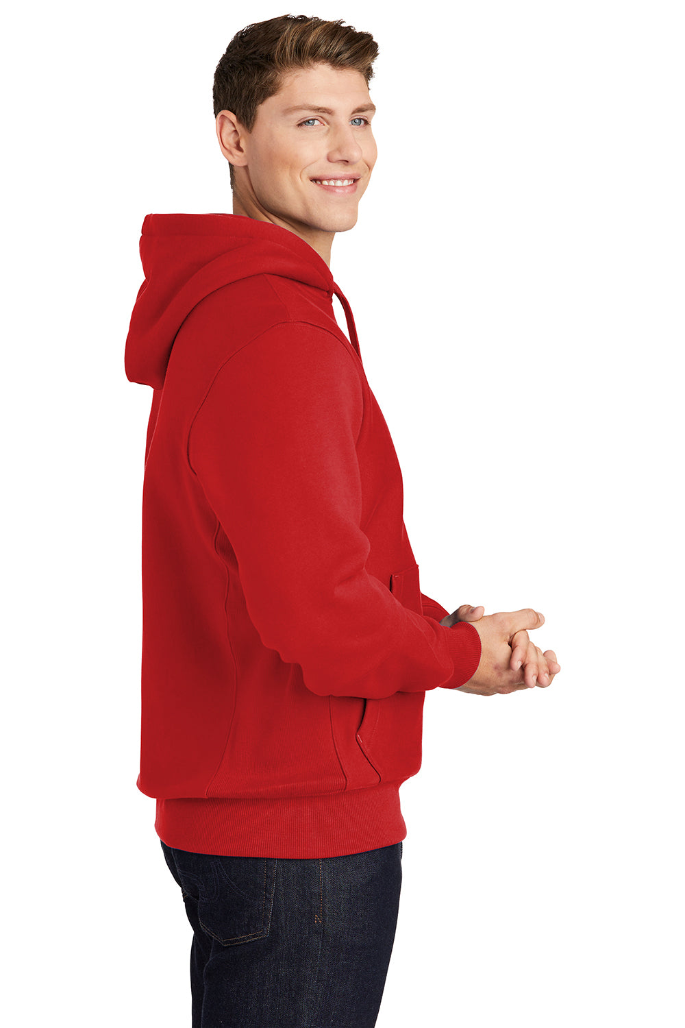 Sport-Tek F281 Mens Fleece Hooded Sweatshirt Hoodie Red Model Side