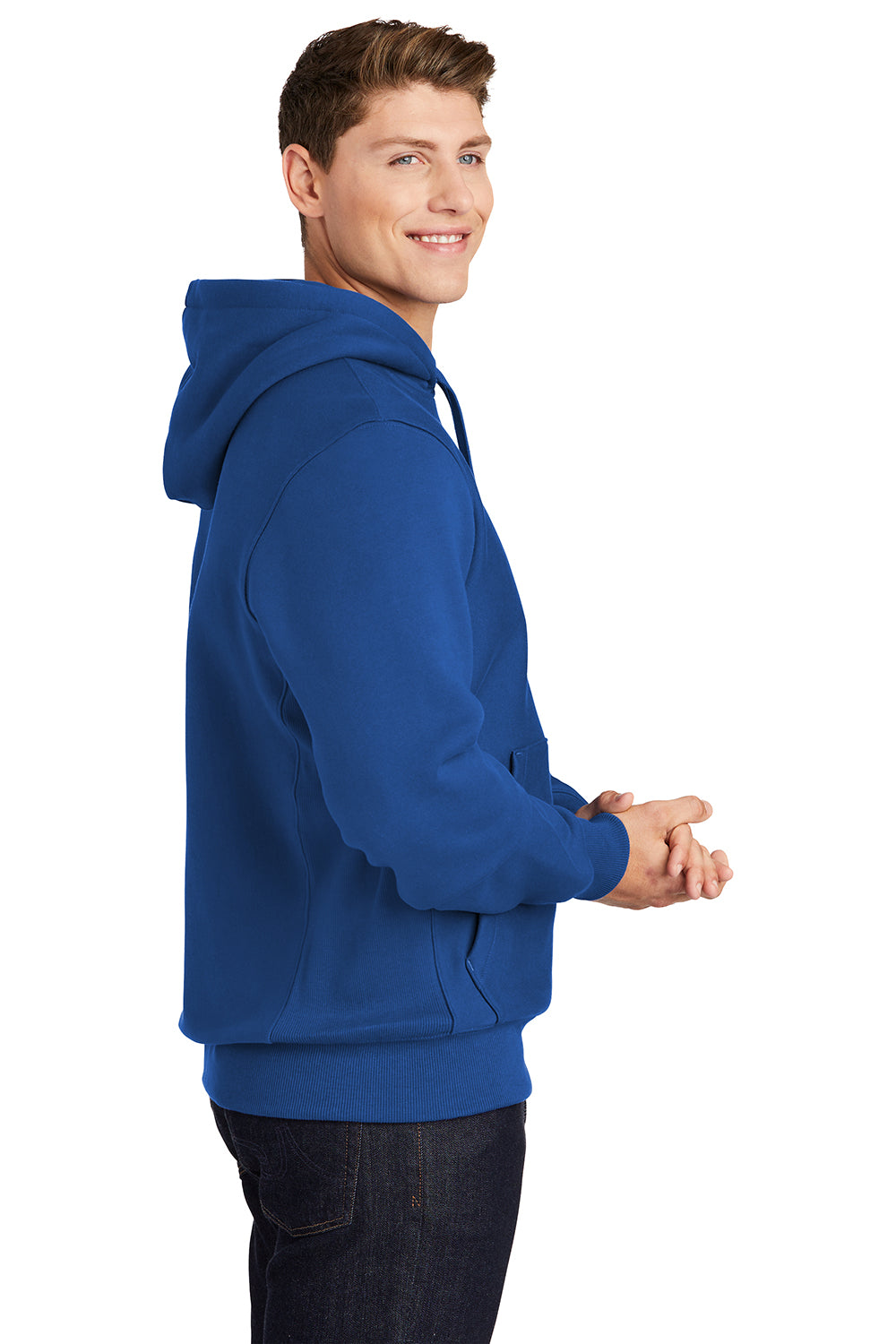 Sport-Tek F281 Mens Fleece Hooded Sweatshirt Hoodie Royal Blue Model Side