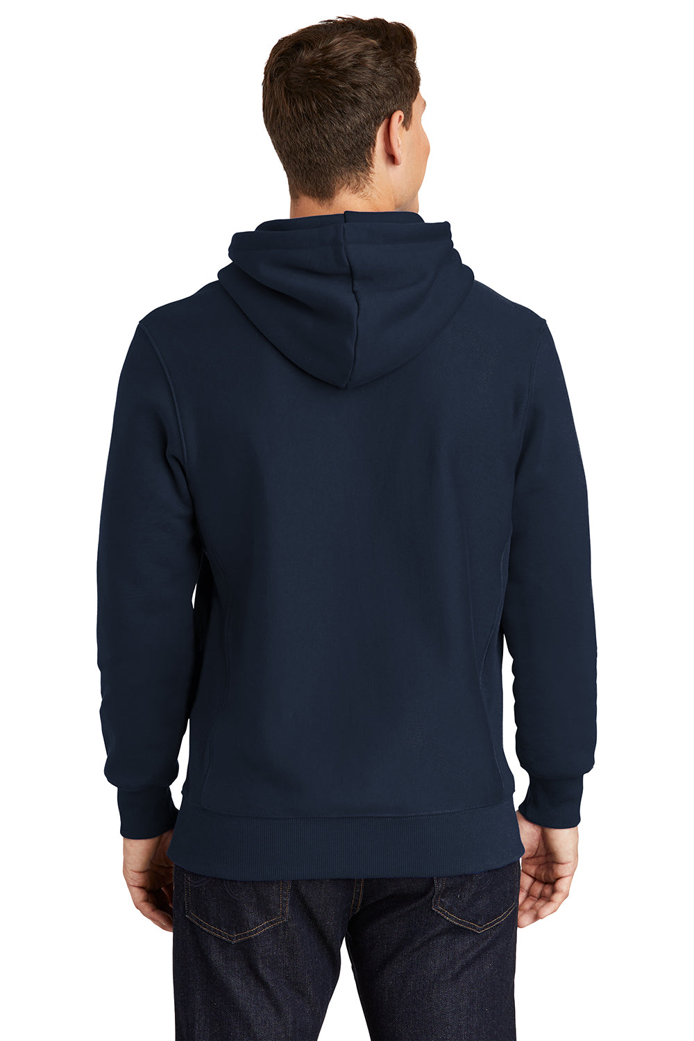 Sport-Tek F281 Mens Fleece Hooded Sweatshirt Hoodie True Navy Blue Model Back