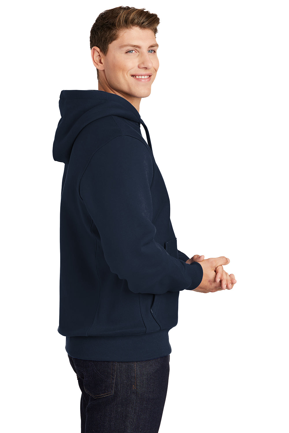 Sport-Tek F281 Mens Fleece Hooded Sweatshirt Hoodie True Navy Blue Model Side