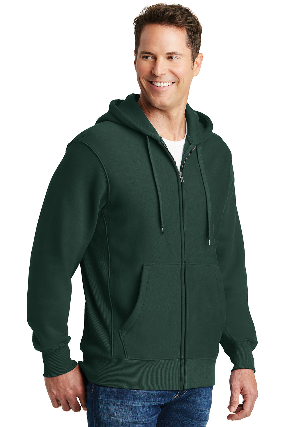 Sport-Tek F282 Mens Fleece Full Zip Hooded Sweatshirt Hoodie Dark Green Model 3q