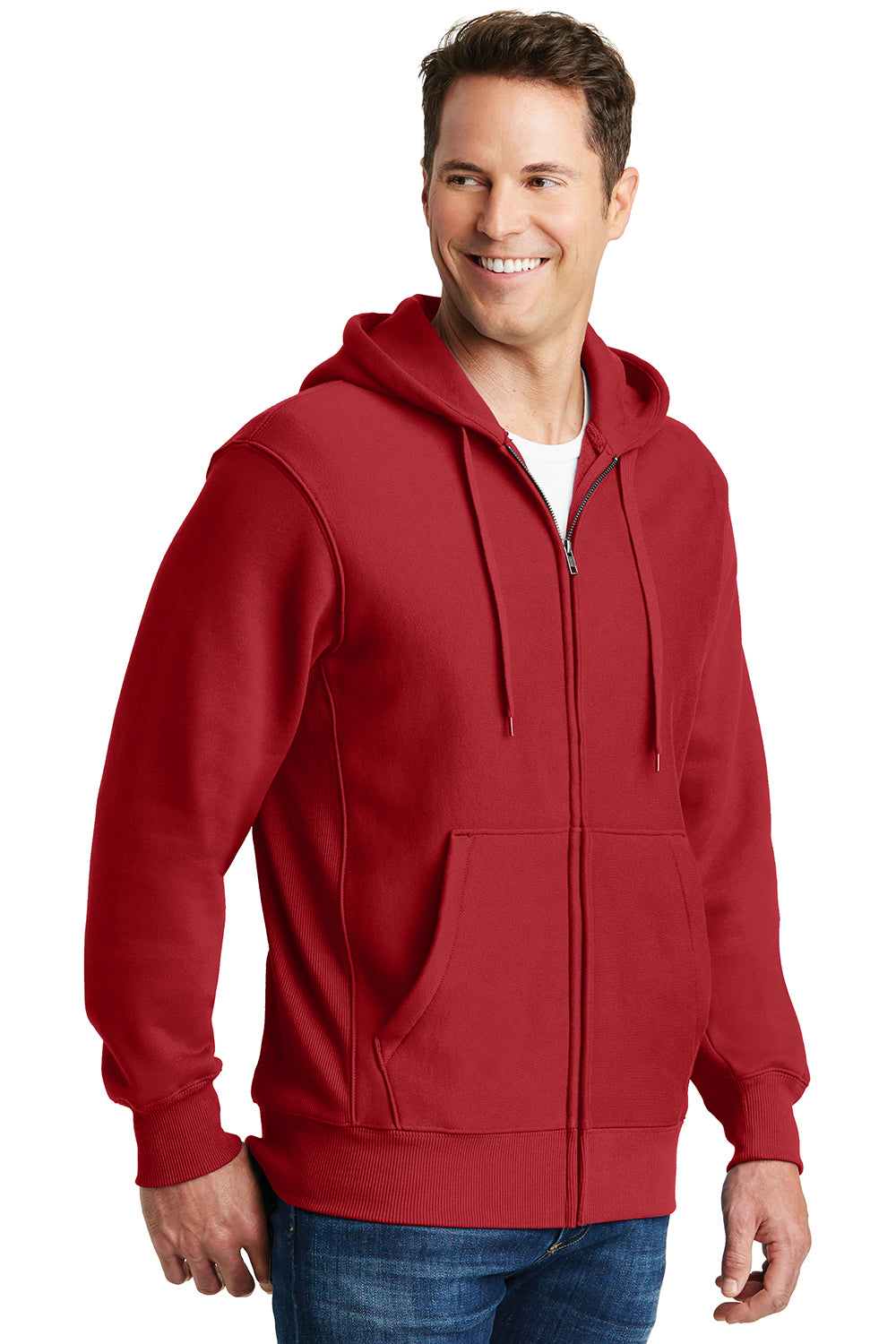 Sport-Tek F282 Mens Fleece Full Zip Hooded Sweatshirt Hoodie Red Model 3q