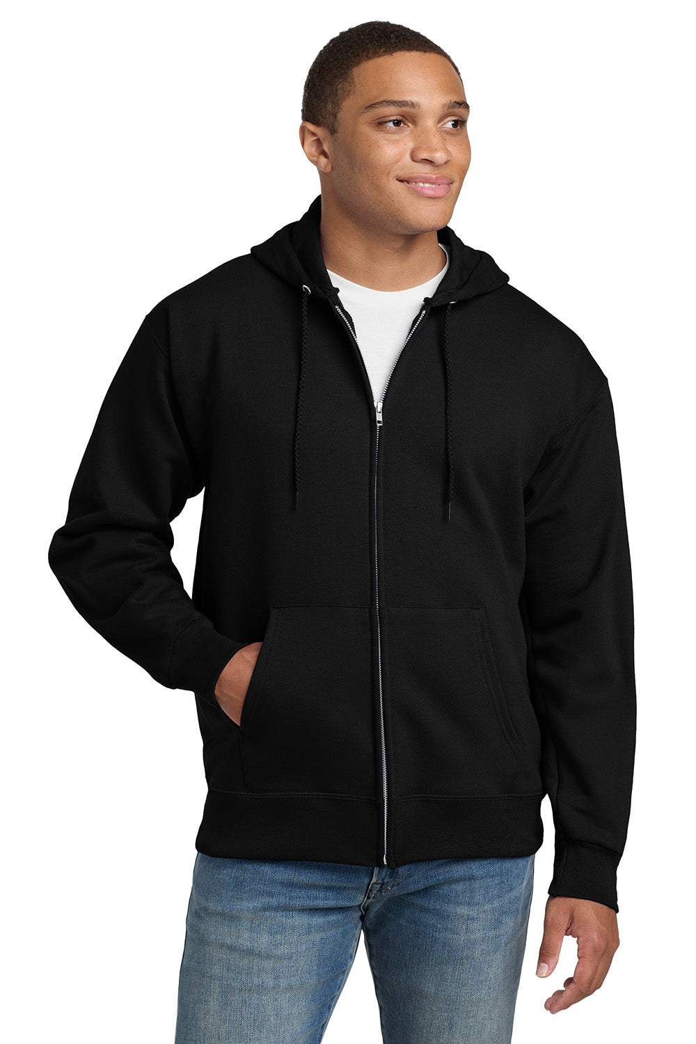 Hanes F283/F280 Mens Ultimate Cotton PrintPro XP Pill Resistant Full Zip Hooded Sweatshirt Hoodie w/ Pockets Black Model Front