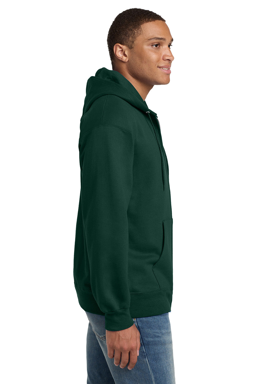 Hanes F283/F280 Mens Ultimate Cotton PrintPro XP Pill Resistant Full Zip Hooded Sweatshirt Hoodie w/ Pockets Deep Forest Green Model Side