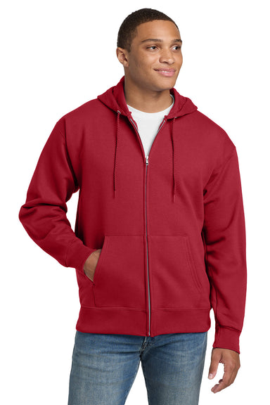 Hanes F283/F280 Mens Ultimate Cotton PrintPro XP Pill Resistant Full Zip Hooded Sweatshirt Hoodie w/ Pockets Deep Red Model Front