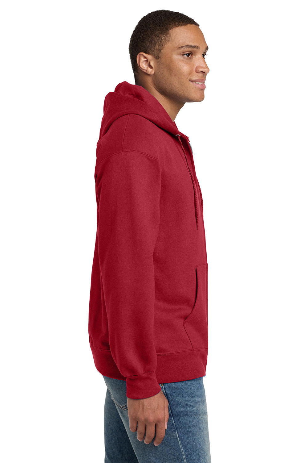 Hanes F283/F280 Mens Ultimate Cotton PrintPro XP Pill Resistant Full Zip Hooded Sweatshirt Hoodie w/ Pockets Deep Red Model Side