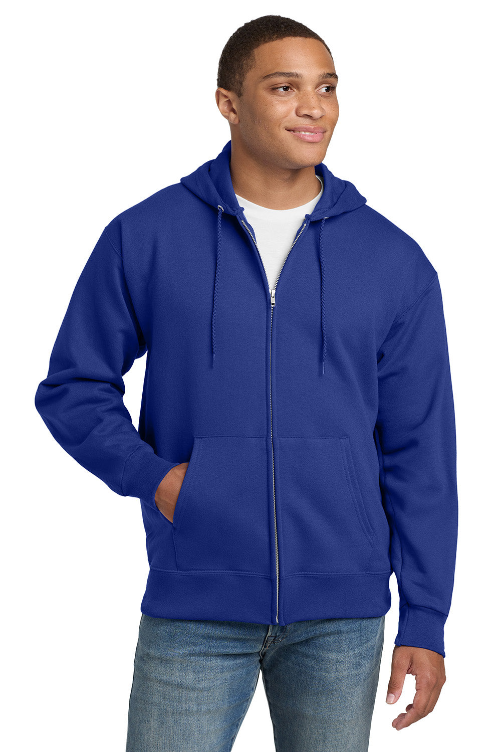 Hanes F283/F280 Mens Ultimate Cotton PrintPro XP Pill Resistant Full Zip Hooded Sweatshirt Hoodie w/ Pockets Deep Royal Blue Model Front