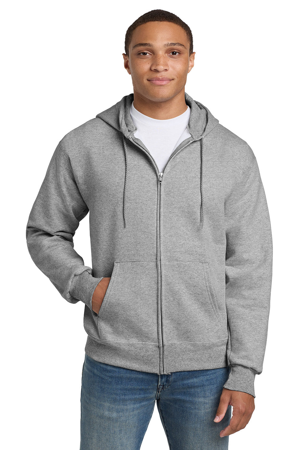 Hanes F283/F280 Mens Ultimate Cotton PrintPro XP Pill Resistant Full Zip Hooded Sweatshirt Hoodie w/ Pockets Light Steel Grey Model Front