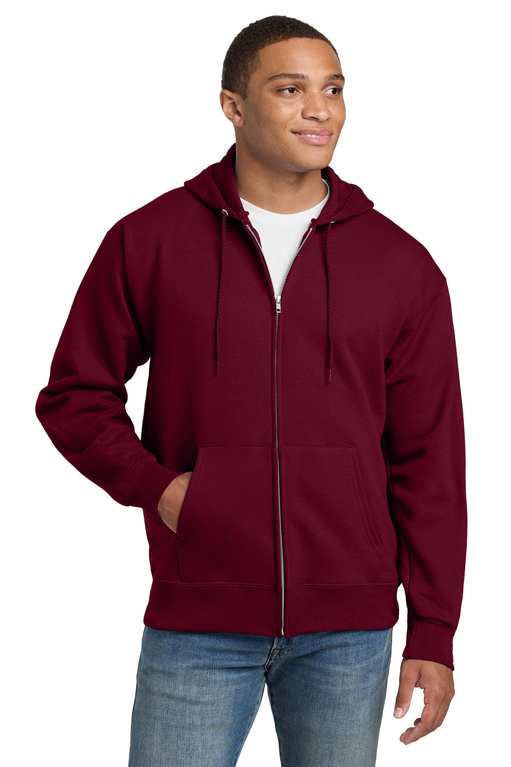 Hanes F283/F280 Mens Ultimate Cotton PrintPro XP Pill Resistant Full Zip Hooded Sweatshirt Hoodie w/ Pockets Maroon Model Front