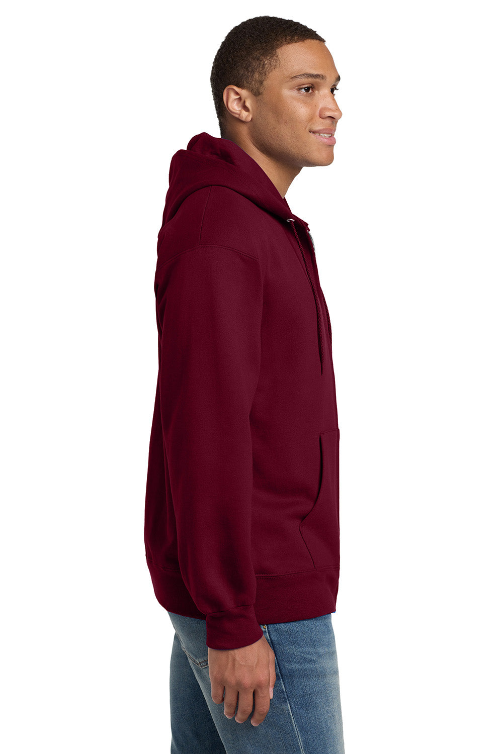 Hanes F283/F280 Mens Ultimate Cotton PrintPro XP Pill Resistant Full Zip Hooded Sweatshirt Hoodie w/ Pockets Maroon Model Side