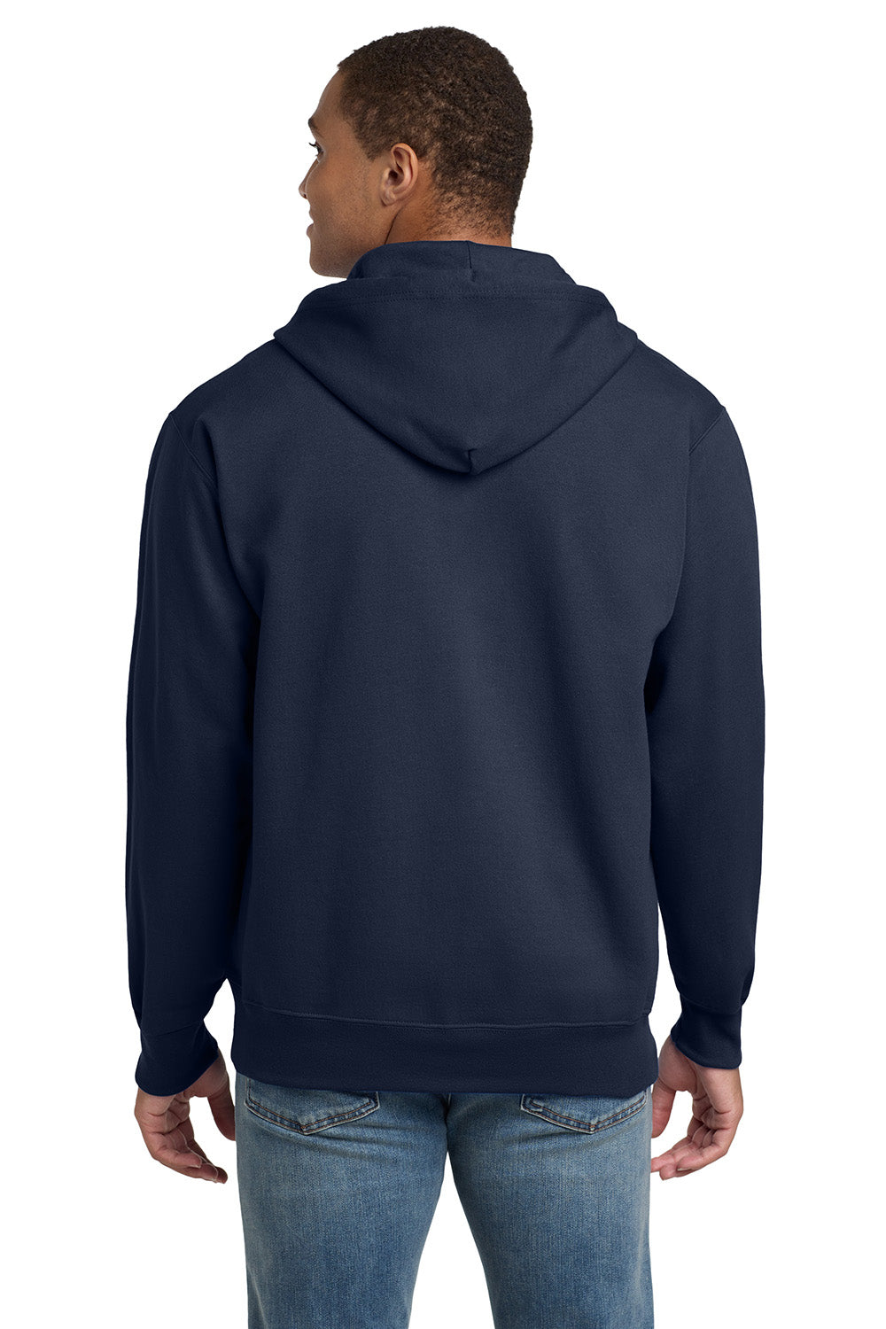 Hanes F283/F280 Mens Ultimate Cotton PrintPro XP Pill Resistant Full Zip Hooded Sweatshirt Hoodie w/ Pockets Navy Blue Model Back