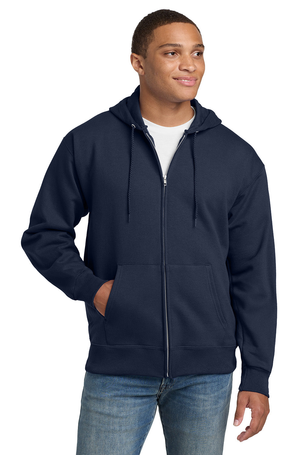 Hanes F283/F280 Mens Ultimate Cotton PrintPro XP Pill Resistant Full Zip Hooded Sweatshirt Hoodie w/ Pockets Navy Blue Model Front