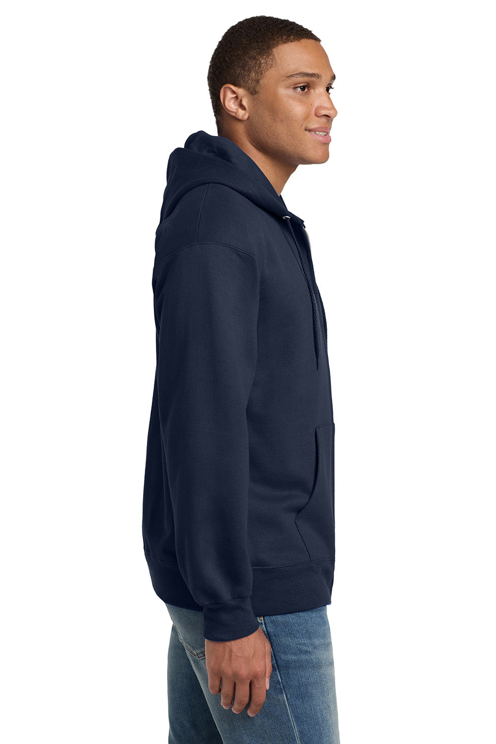 Hanes F283/F280 Mens Ultimate Cotton PrintPro XP Pill Resistant Full Zip Hooded Sweatshirt Hoodie w/ Pockets Navy Blue Model Side