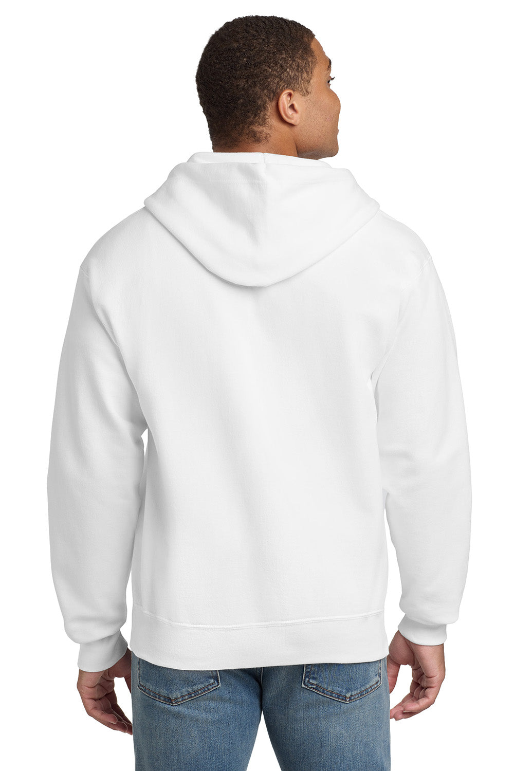 Hanes F283/F280 Mens Ultimate Cotton PrintPro XP Pill Resistant Full Zip Hooded Sweatshirt Hoodie w/ Pockets White Model Back