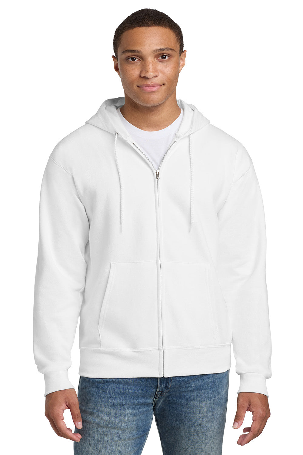 Hanes F283/F280 Mens Ultimate Cotton PrintPro XP Pill Resistant Full Zip Hooded Sweatshirt Hoodie w/ Pockets White Model Front