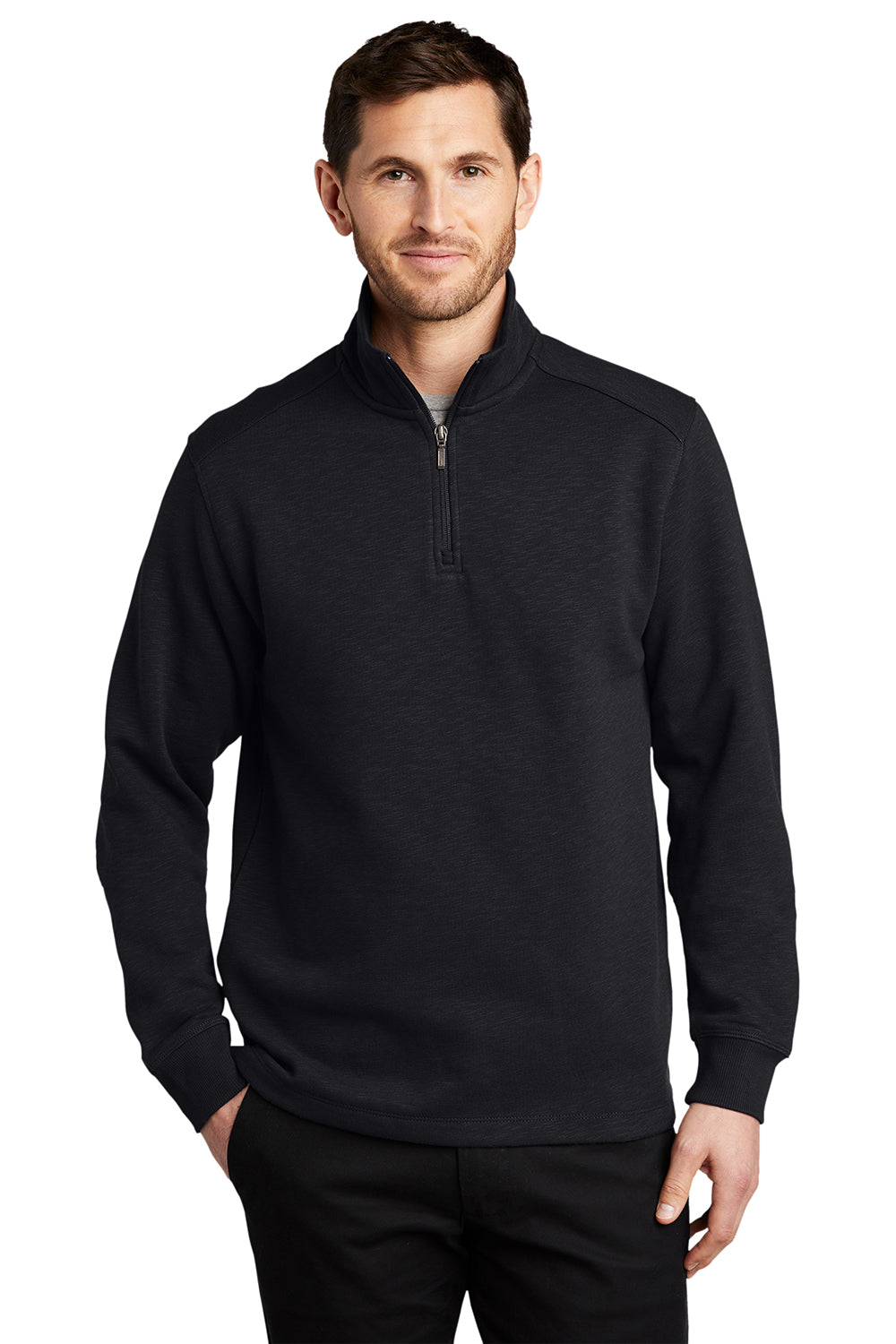 Port Authority F295 Mens Slub Fleece 1/4 Zip Sweatshirt Black Model Front