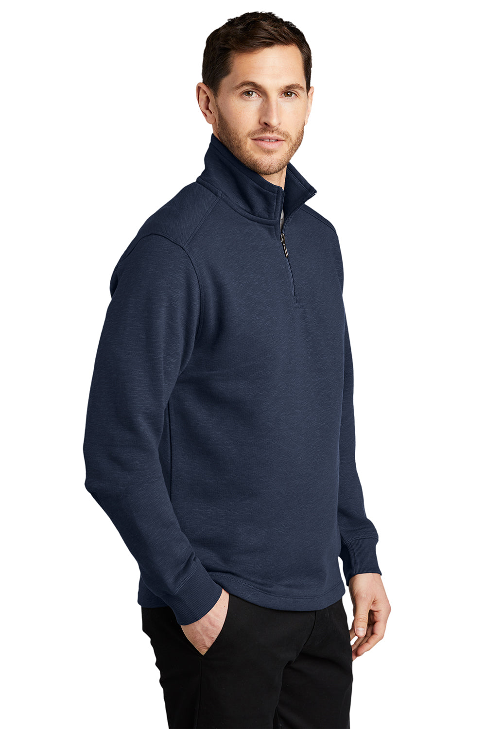 Port Authority F295 Mens Slub Fleece 1/4 Zip Sweatshirt Navy Blue Model 3q