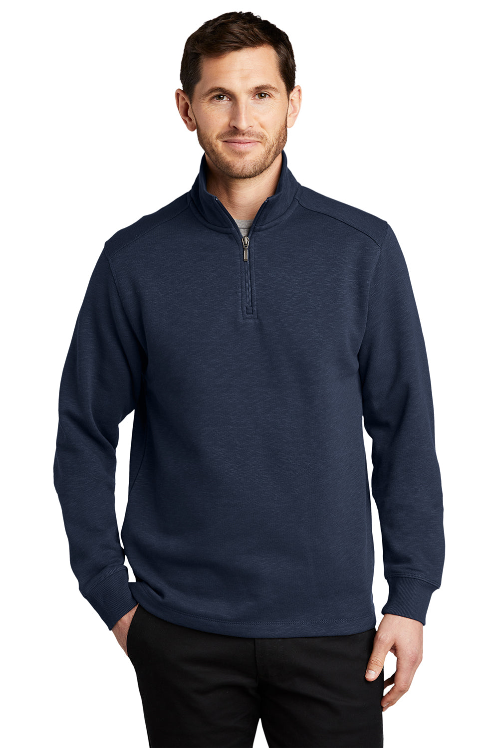 Port Authority F295 Mens Slub Fleece 1/4 Zip Sweatshirt Navy Blue Model Front