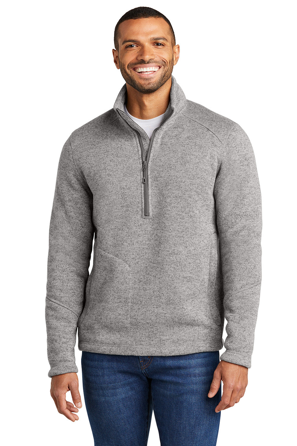 Port Authority F426 Mens Arc Sweater Fleece 1/4 Zip Jacket Heather Deep Smoke Grey Model Front