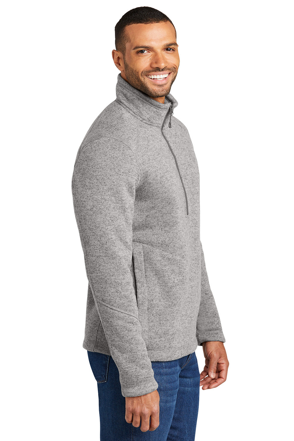 Port Authority F426 Mens Arc Sweater Fleece 1/4 Zip Jacket Heather Deep Smoke Grey Model Side