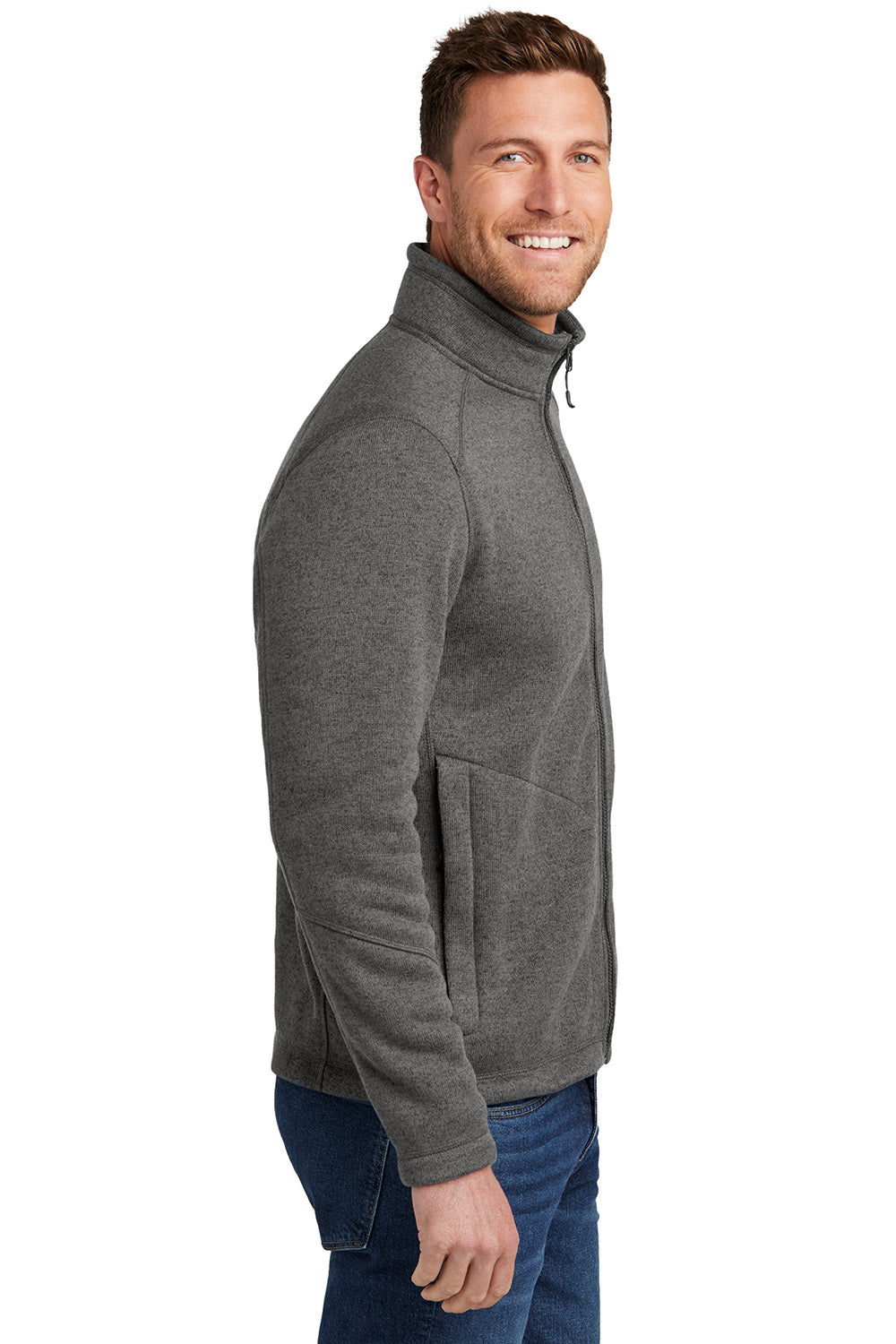 Port Authority F428 Mens Arc Sweater Fleece Full Zip Jacket Heather Smoke Grey Model Side