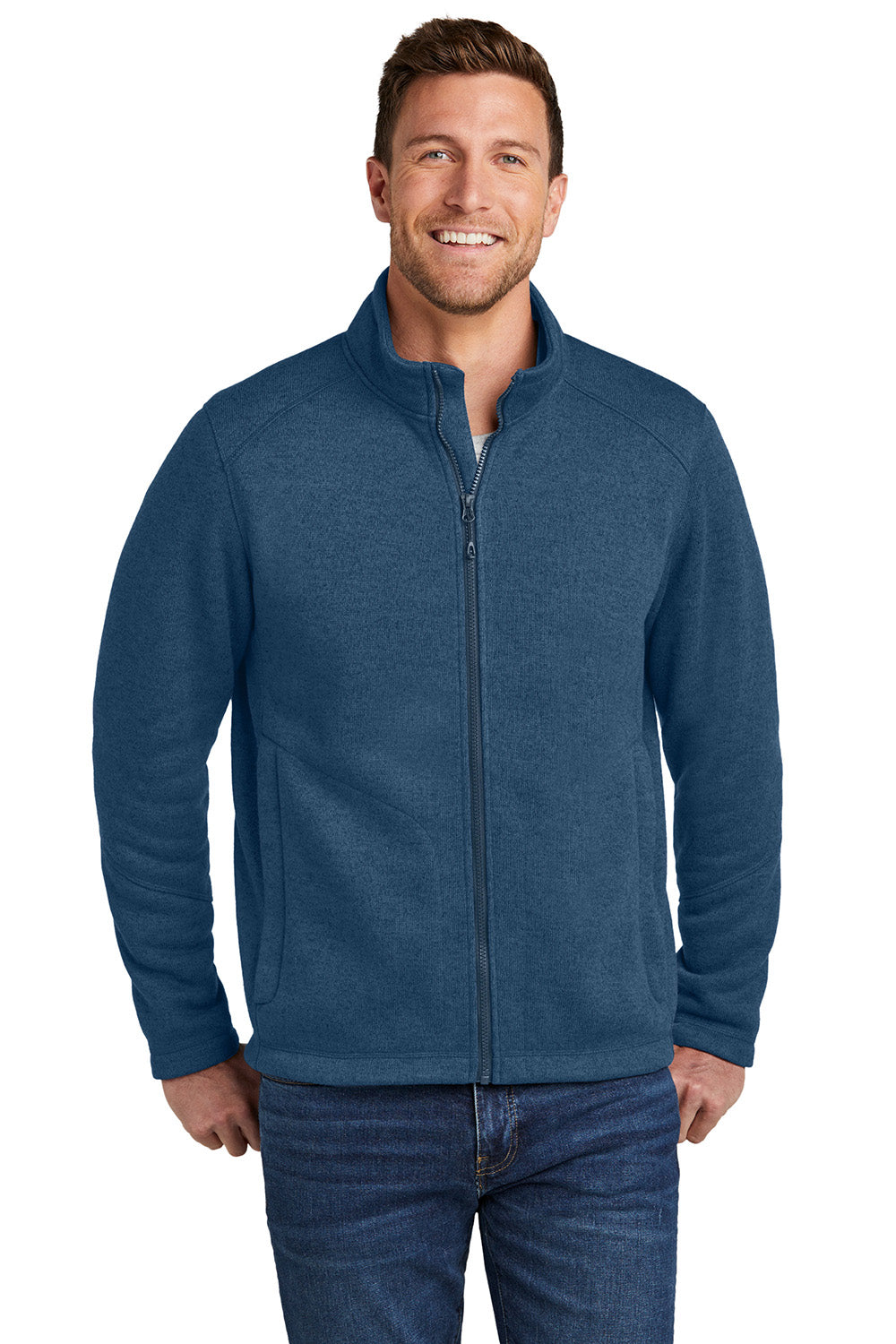 Port Authority F428 Mens Arc Sweater Fleece Full Zip Jacket Heather Insignia Blue Model Front