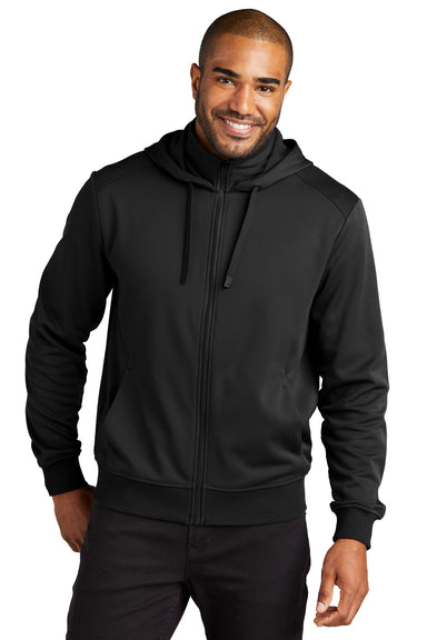 Port Authority F814 Mens Smooth Fleece Full Zip Hooded Jacket Deep Black Model Front