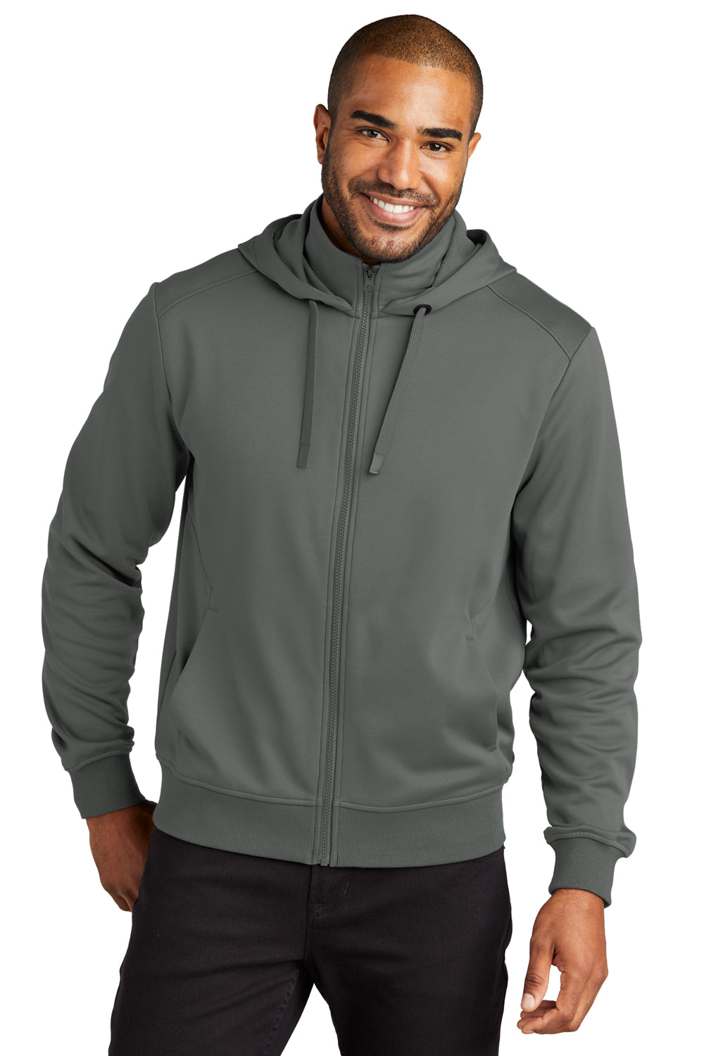 Port Authority F814 Mens Smooth Fleece Full Zip Hooded Jacket Graphite Grey Model Front