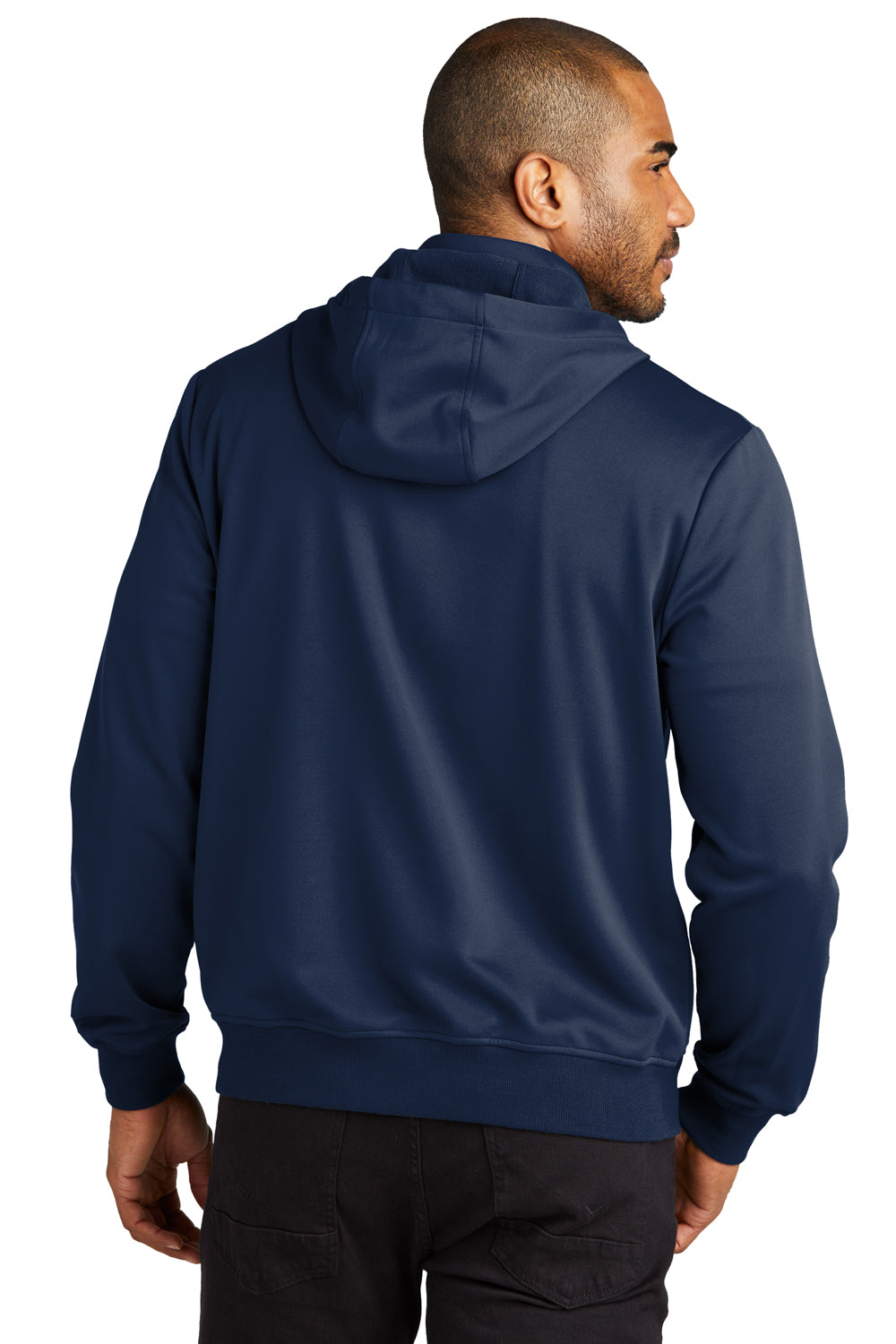 Port Authority F814 Mens Smooth Fleece Full Zip Hooded Jacket River Navy Blue Model Back