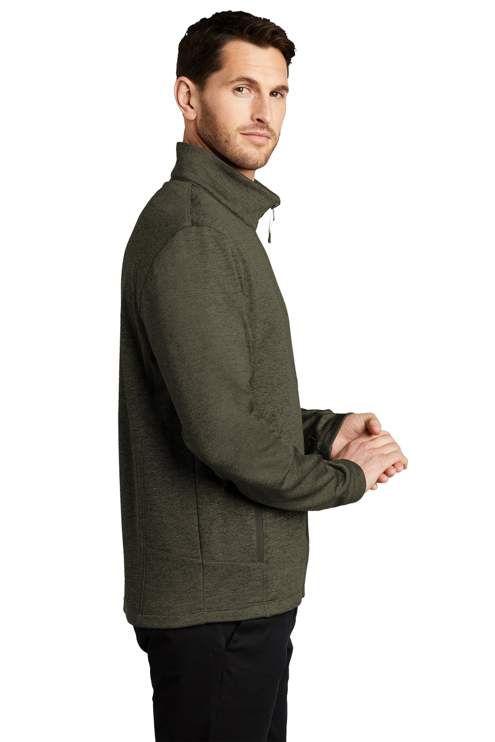 Port Authority F905 Mens Collective Striated Fleece Full Zip Jacket Heather Deep Olive Green Model Side