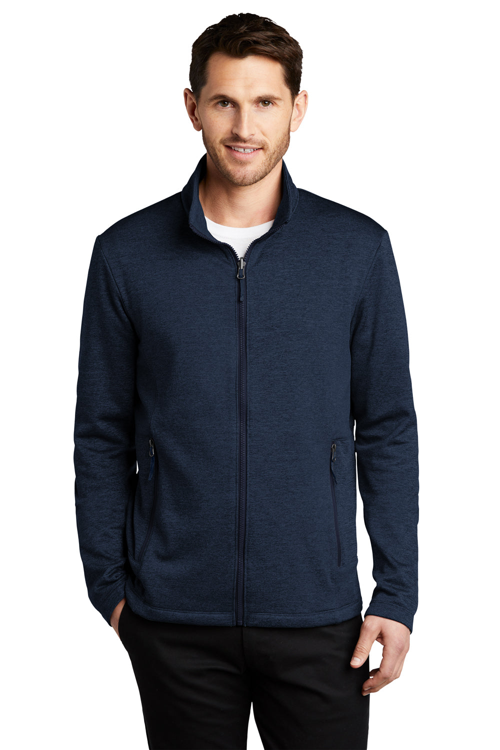 Port Authority F905 Mens Collective Striated Fleece Full Zip Jacket Heather River Navy Blue Model Front