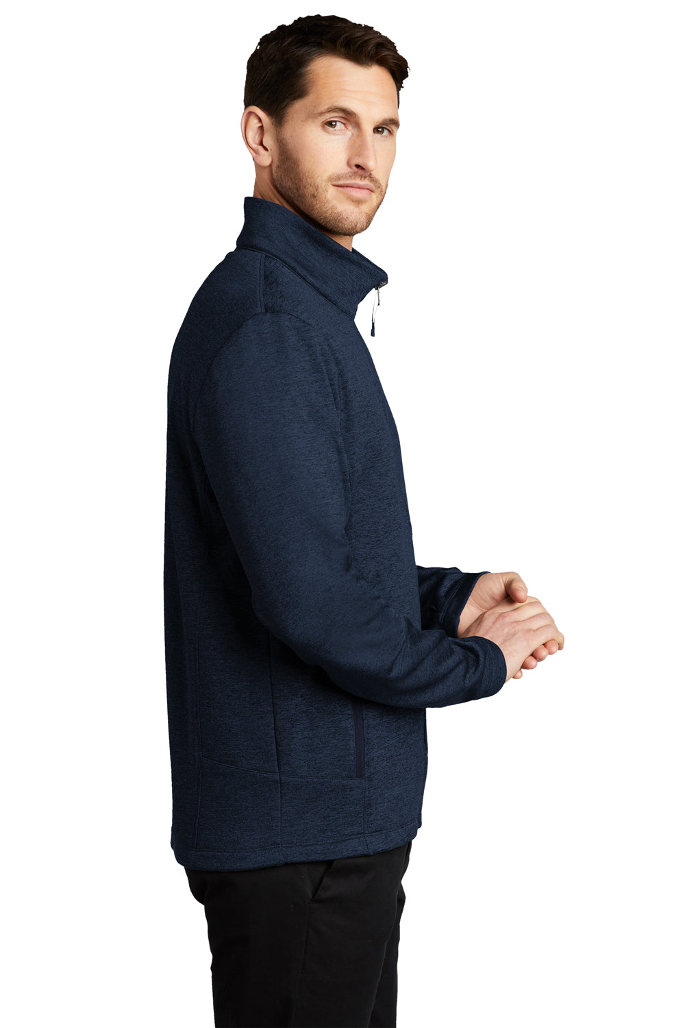 Port Authority F905 Mens Collective Striated Fleece Full Zip Jacket Heather River Navy Blue Model Side