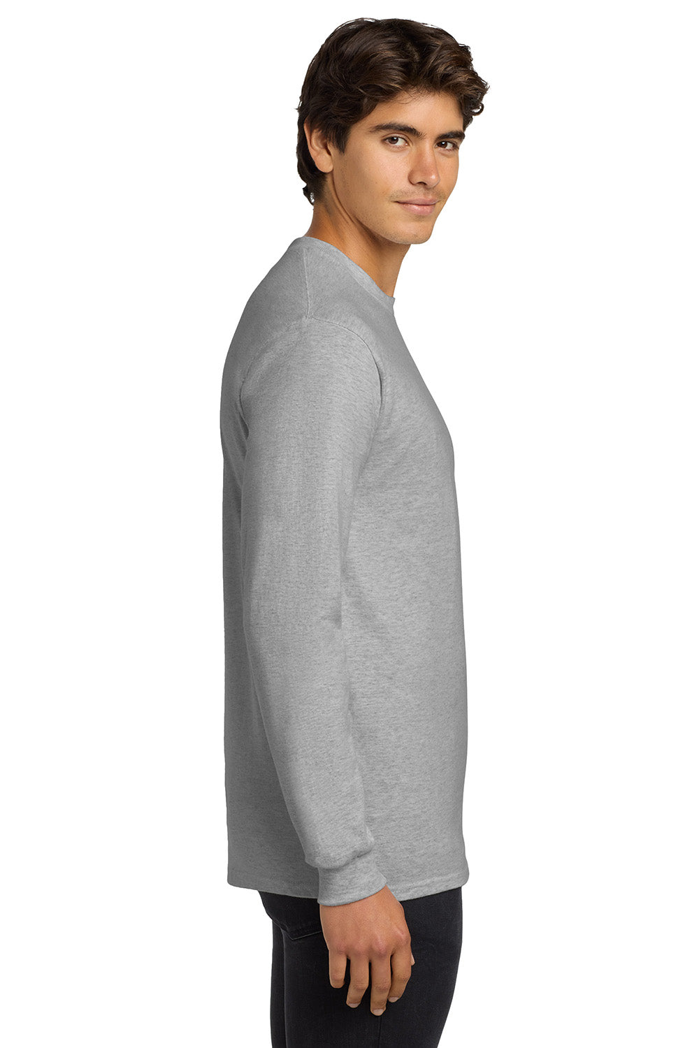 Gildan G2400/G240/2400 Mens Ultra Long Sleeve Crewneck T-Shirt Ash Grey Model Side