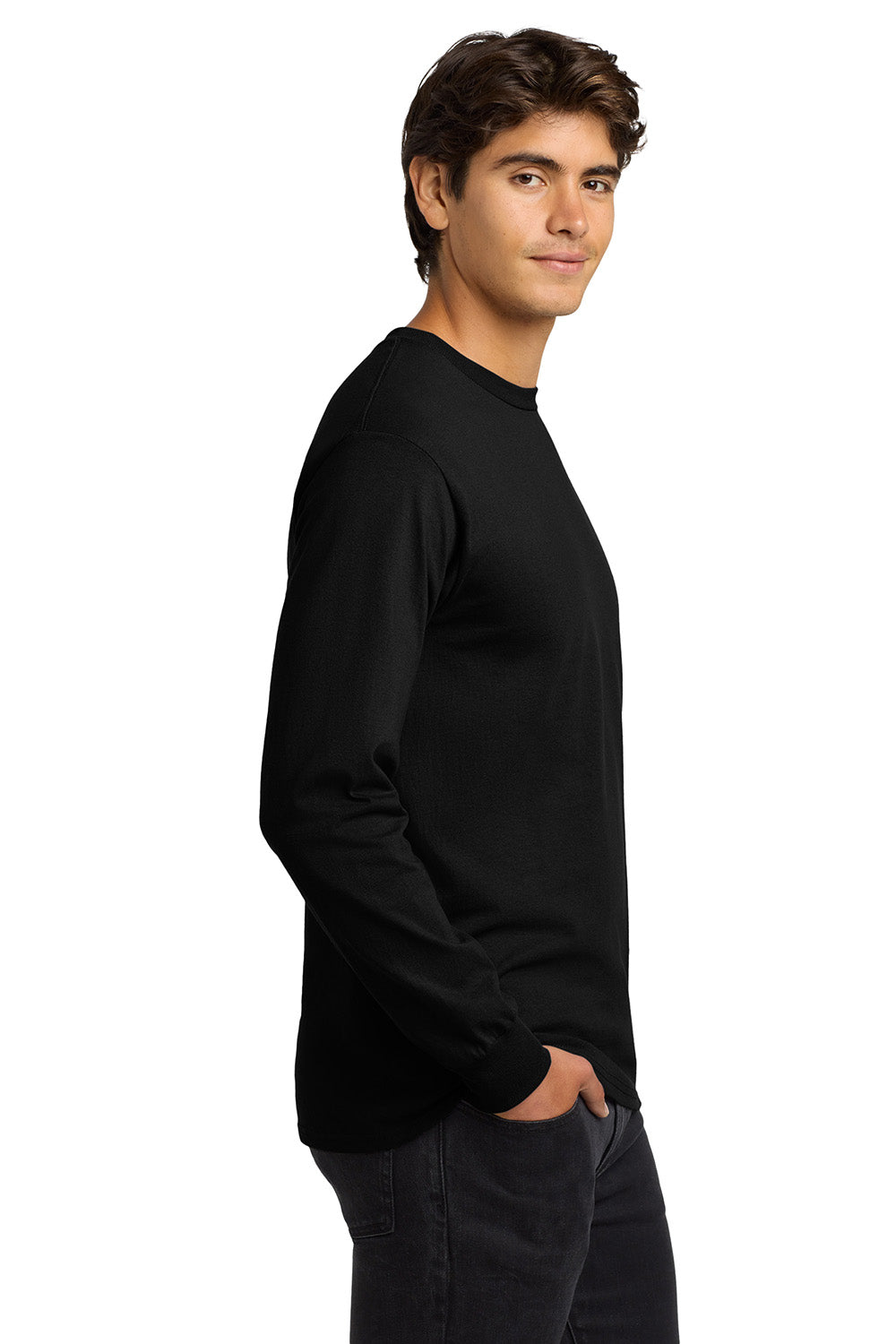 Gildan G2400/G240/2400 Mens Ultra Long Sleeve Crewneck T-Shirt Black Model Side