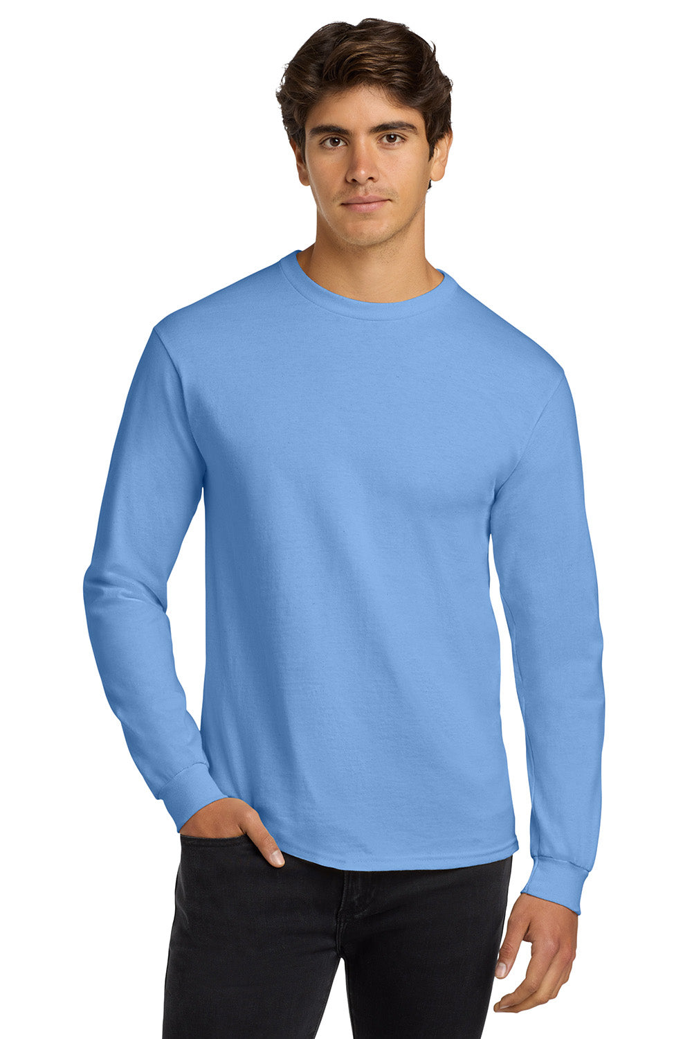 Gildan G2400/G240/2400 Mens Ultra Long Sleeve Crewneck T-Shirt Carolina Blue Model Front