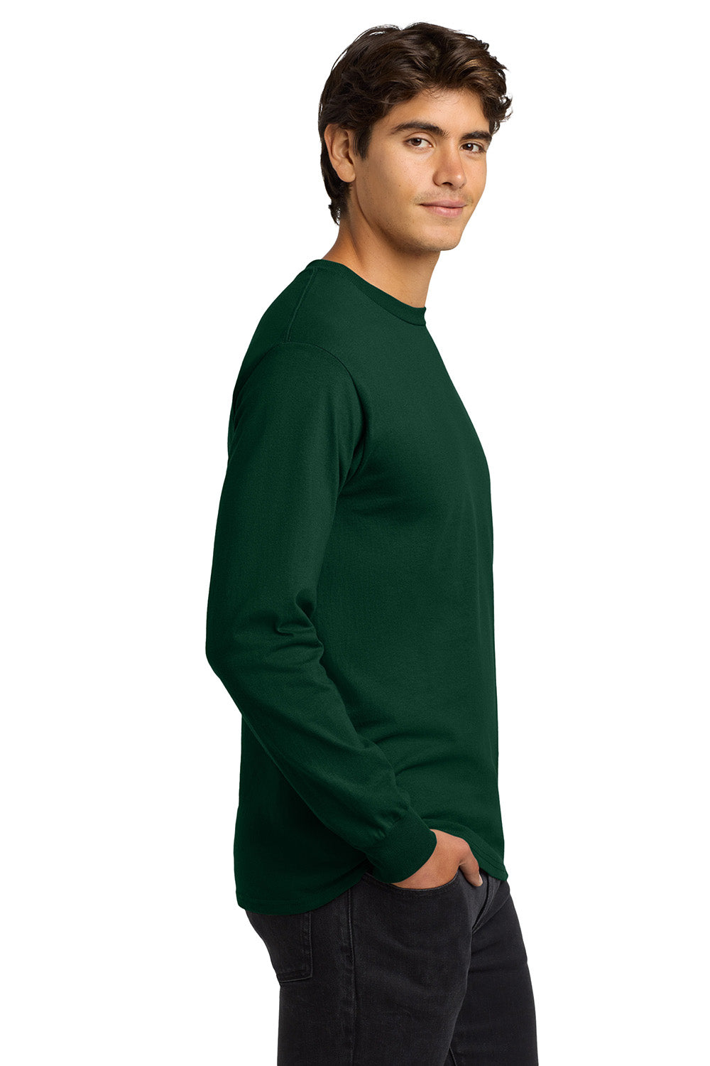 Gildan G2400/G240/2400 Mens Ultra Long Sleeve Crewneck T-Shirt Forest Green Model Side