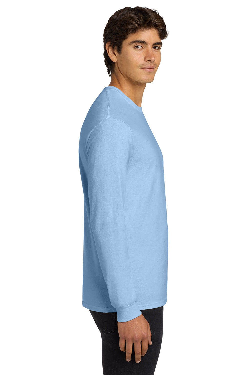 Gildan G2400/G240/2400 Mens Ultra Long Sleeve Crewneck T-Shirt Light Blue Model Side