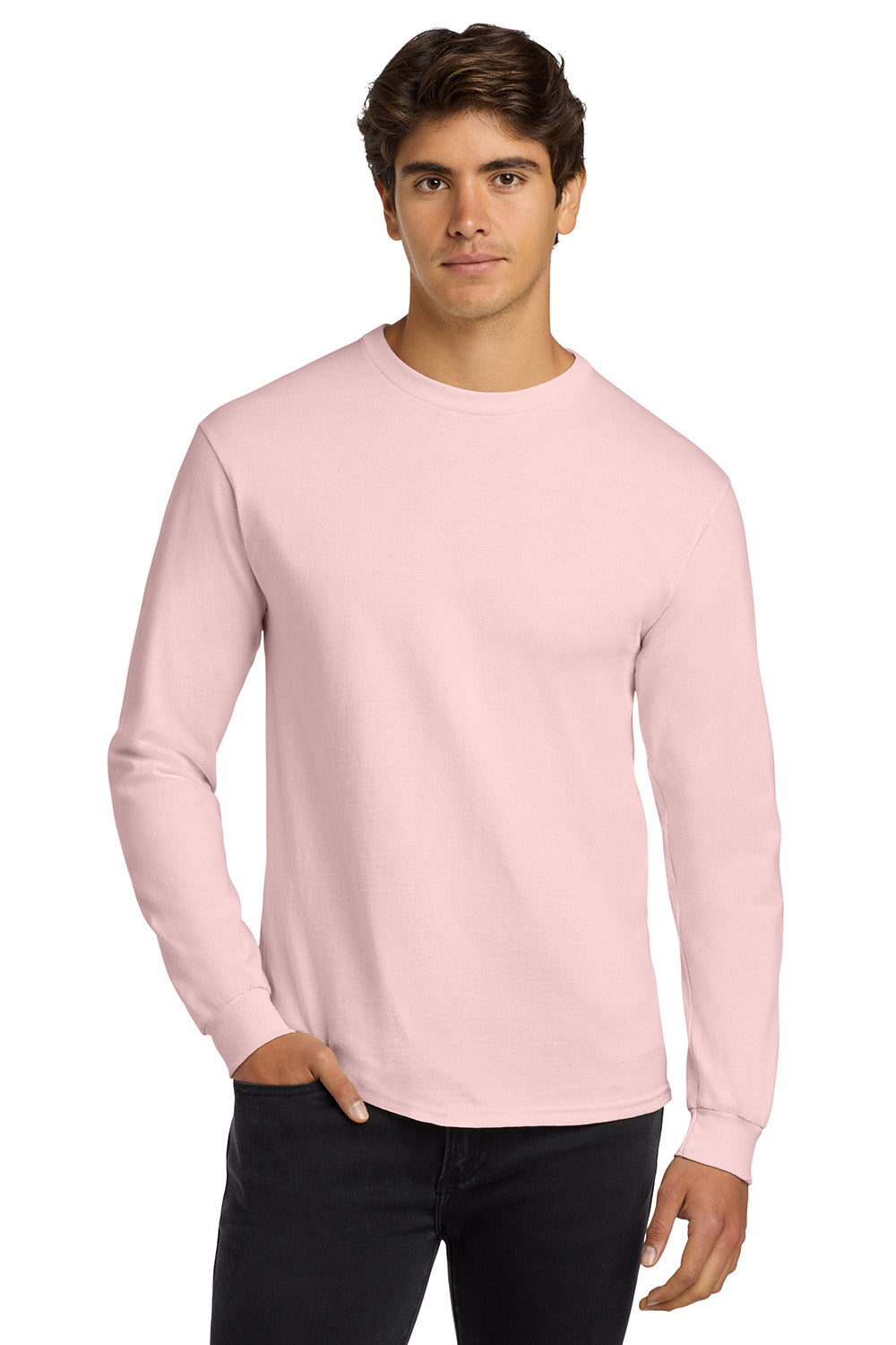 Gildan G2400/G240/2400 Mens Ultra Long Sleeve Crewneck T-Shirt Light Pink Model Front