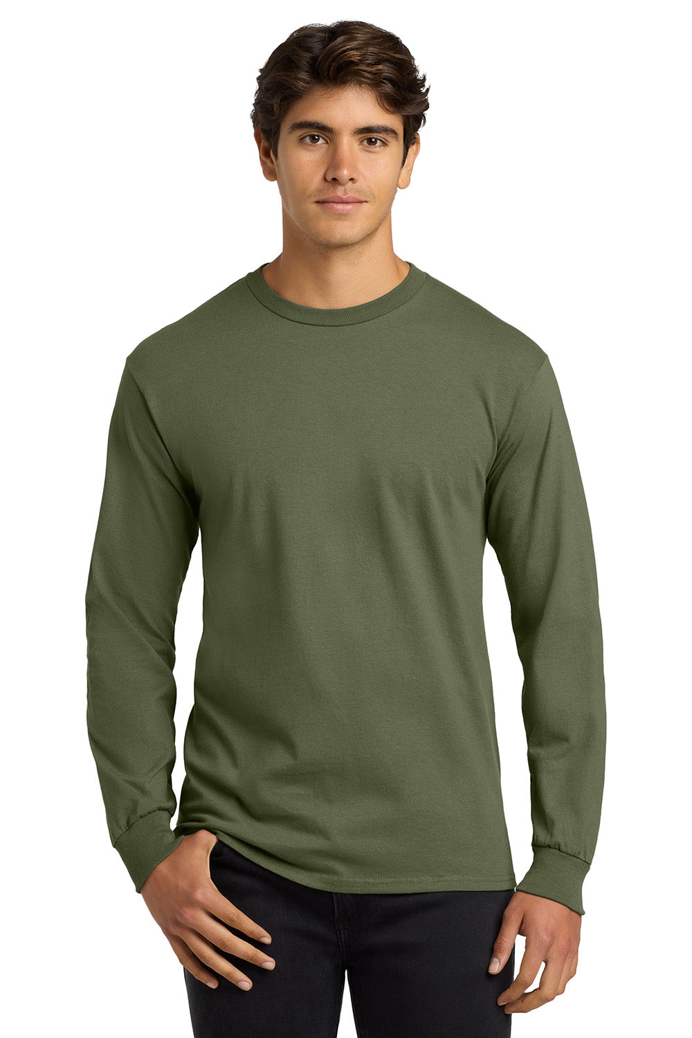 Gildan G2400/G240/2400 Mens Ultra Long Sleeve Crewneck T-Shirt Military Green Model Front