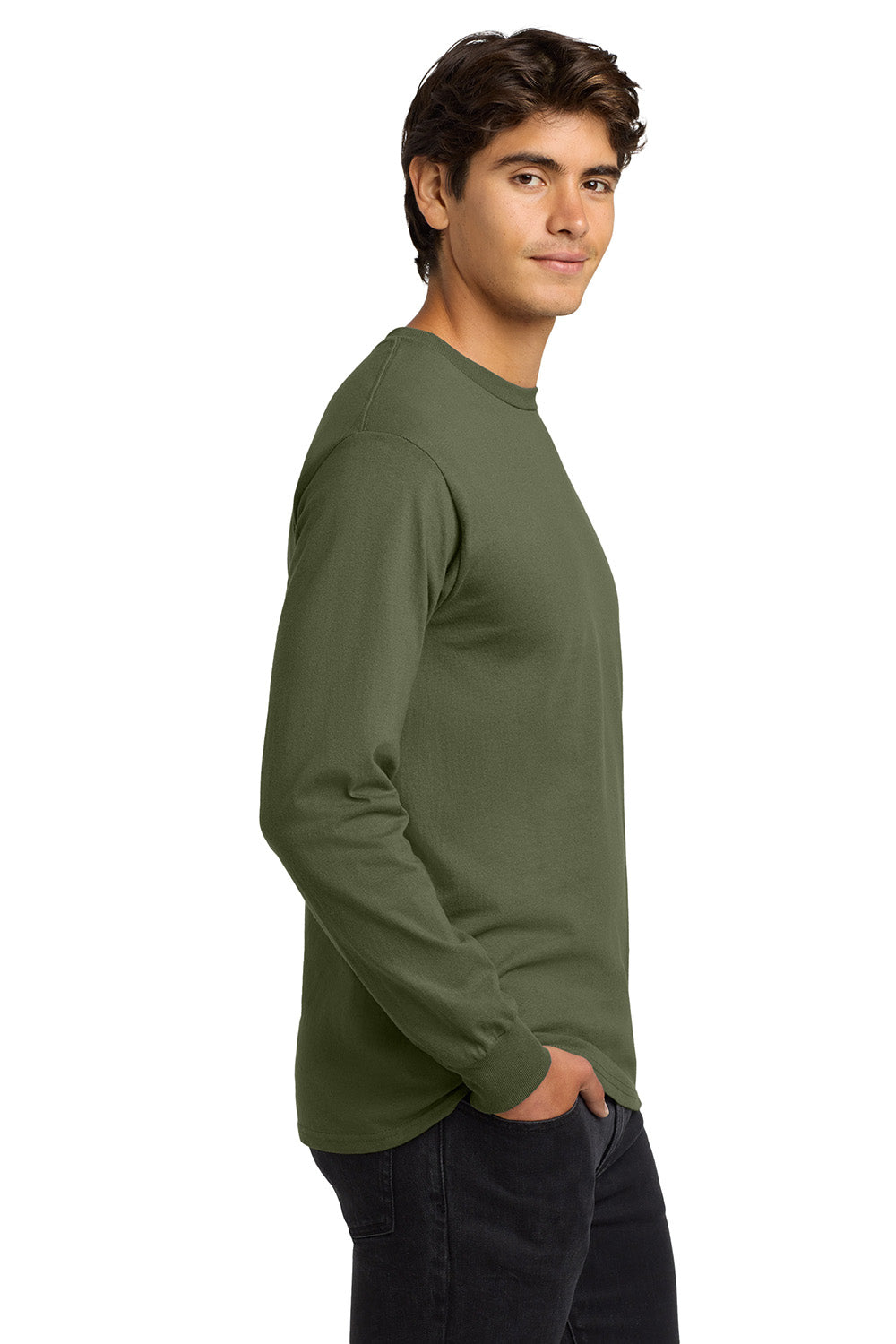 Gildan G2400/G240/2400 Mens Ultra Long Sleeve Crewneck T-Shirt Military Green Model Side