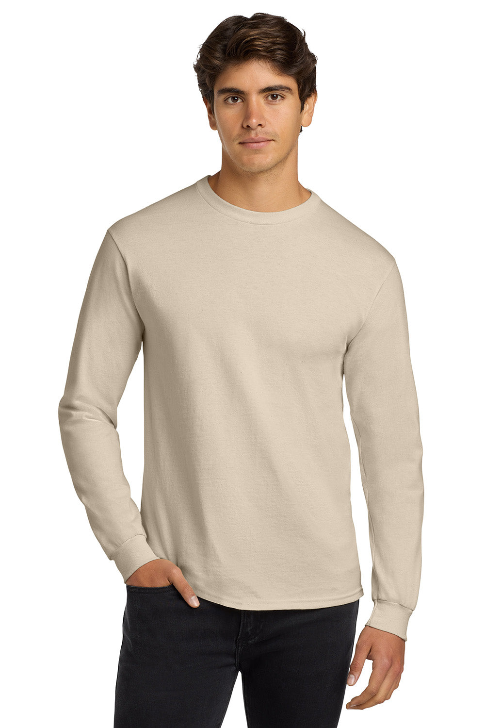 Gildan G2400/G240/2400 Mens Ultra Long Sleeve Crewneck T-Shirt Natural Model Front